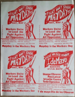 Uncut sheet of stickers promoting a May Day event organized by the Revolutionary Communist Party, United States, 1975.